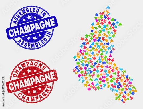 Puzzle Champagne Province map and blue Assembled seal, and Champagne distress seal. Colored vector Champagne Province map mosaic of plugin components. Red round Champagne seal.