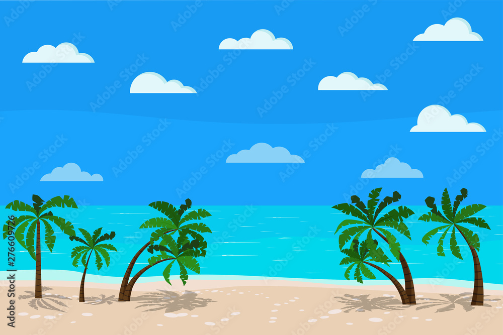 Beautiful panoramic blue sea landscape: calm ocean, palm trees, clouds, sand coastline, Vector illustration of exotic tropical seascape background in flat cartoon style, Summer beach backdrop banner.