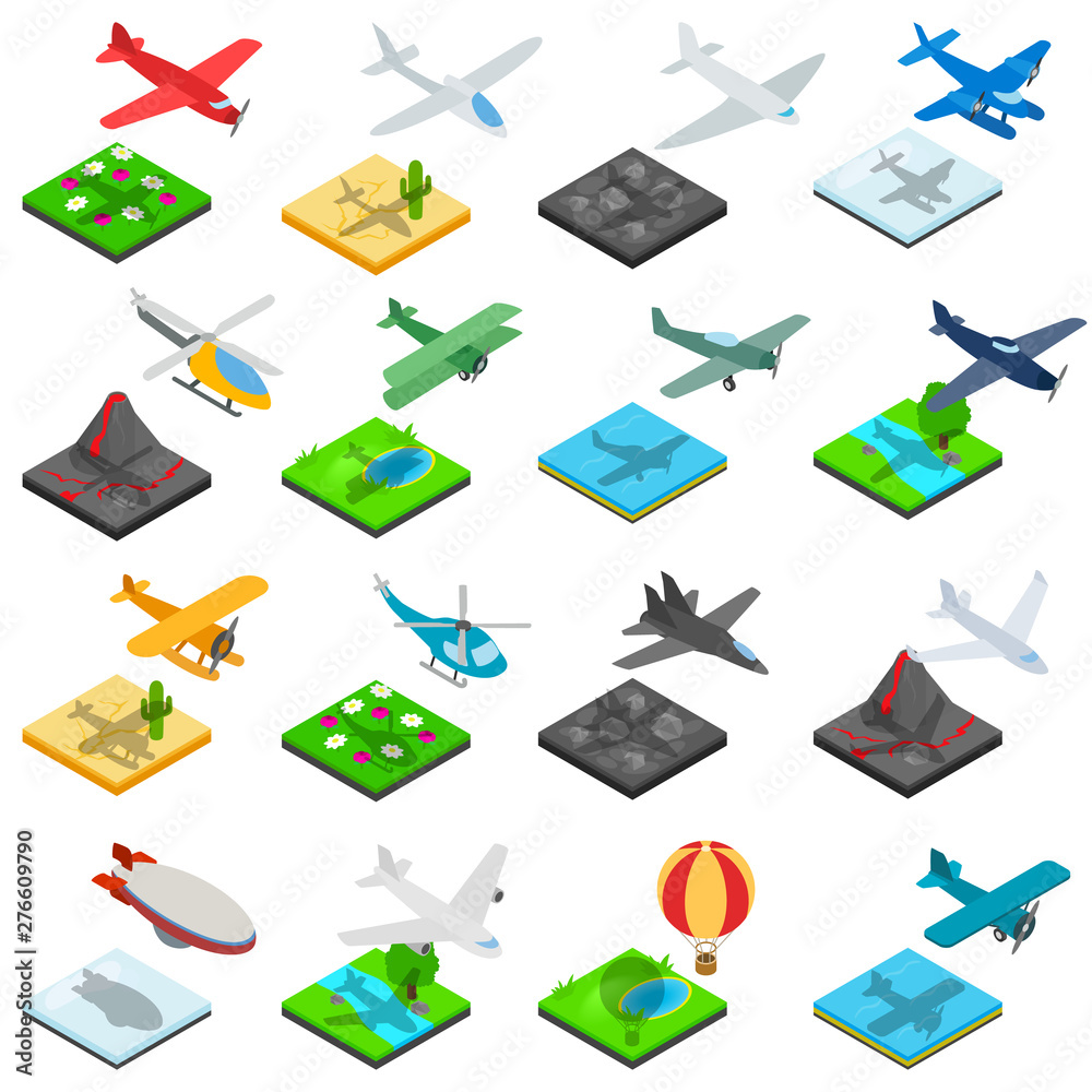 Airplane flight icons set. Isometric set of 16 airplane flight vector icons for web isolated on white background