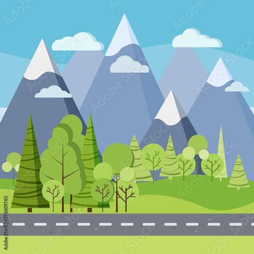 Summer day background: country road in green field with trees and mountains.
