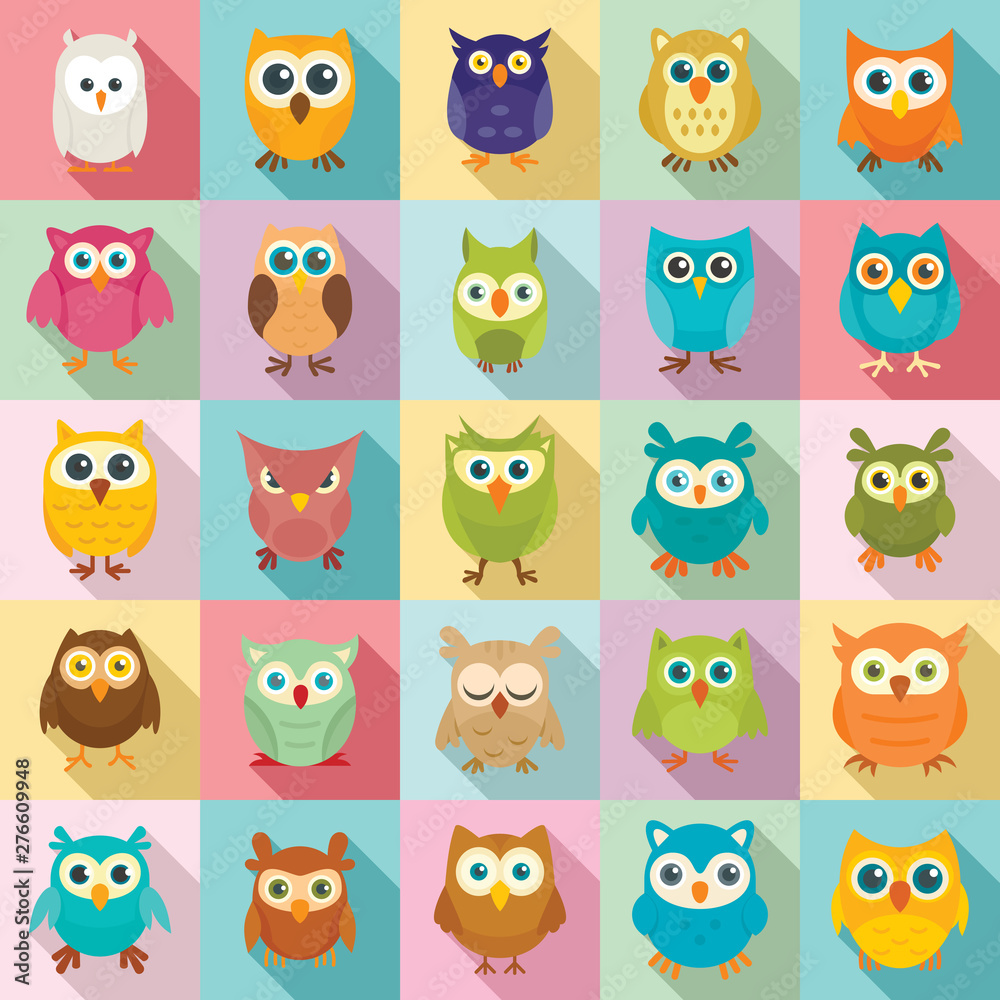 Owl icons set. Flat set of owl vector icons for web design