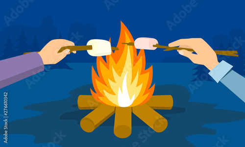 Marshmallow on campfire concept banner. Flat illustration of marshmallow on campfire vector concept banner for web design