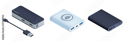 Power bank icons set. Isometric set of power bank vector icons for web design isolated on white background