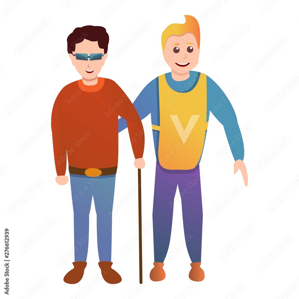 Volunteer help blind man icon. Cartoon of volunteer help blind man vector icon for web design isolated on white background Volunteer help blind man icon. Cartoon of volunteer help blind man vector icon for web design isolated on white background