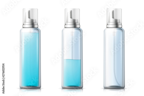Vector 3d realistic mousse bottle with liquid gel inside, isolated on white background. Mock-up for product package branding.