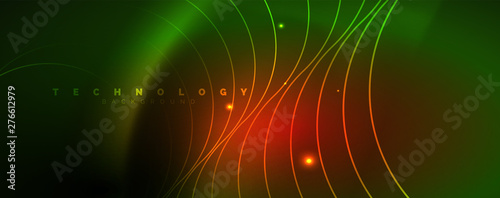Shiny neon lines template - northern lights glowing blur lines. Futuristic style glow neon 80s disco club or night party techno template