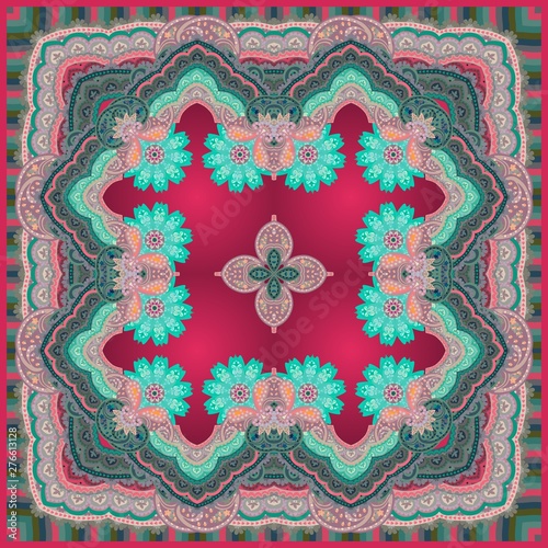 Beautiful ethnic shawl with light green mandala flowers, paisley and decorative border. Indian, turkish, persian, arabian motifs.