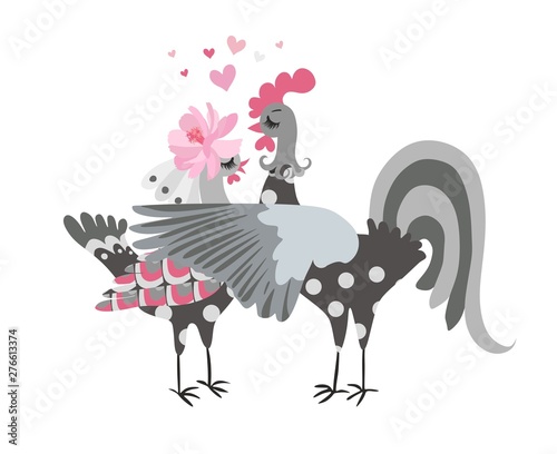 Beautiful greeting or invitation card with little hearts and rooster and chicken as bride and groom.