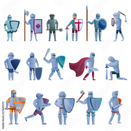 Knight icons set. Cartoon set of knight vector icons for web design