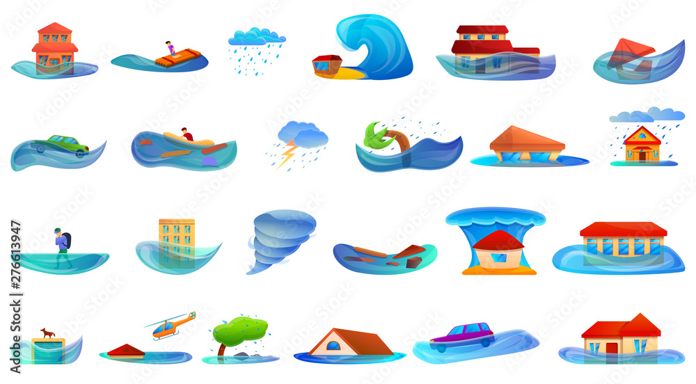 Flood icons set. Cartoon set of flood vector icons for web design