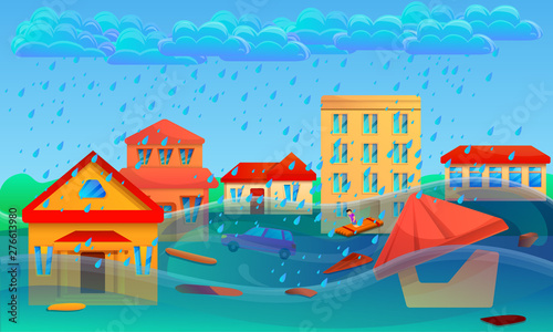 Flood cataclysm concept banner. Cartoon illustration of flood cataclysm vector concept banner for web design
