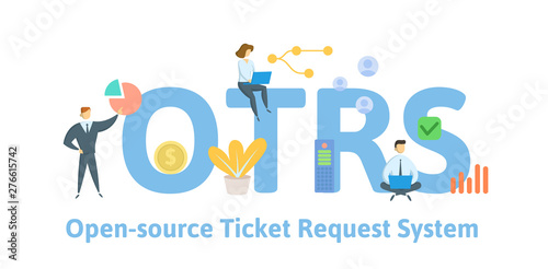 OTRS, Open-Source Ticket Request System. Concept with people, keywords and icons. Colored flat vector illustration. Isolated on white background.