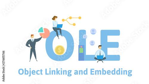OLE, Object Linking and Embedding. Concept with people, keywords and icons. Colored flat vector illustration. Isolated on white background.
