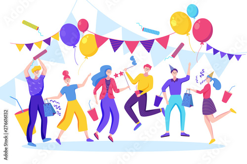 Happy people celebrating birthday, new year or another holiday event. Vector flat illustration.