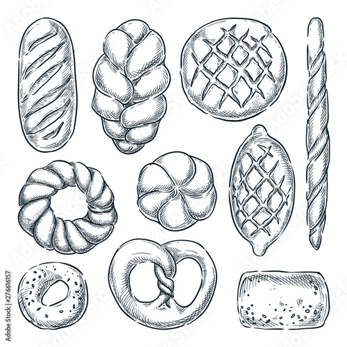 Bread set, isolated on white background. Vector sketch illustration. Rye and wheat buns, loaf, bagel and baguette.