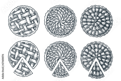 Fresh baked sliced lattice pie, isolated on white background. Vector hand drawn sketch bakery menu design elements.