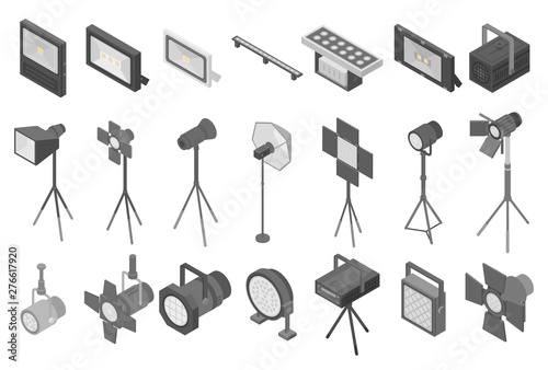 Spotlight icons set. Isometric set of spotlight vector icons for web design isolated on white background