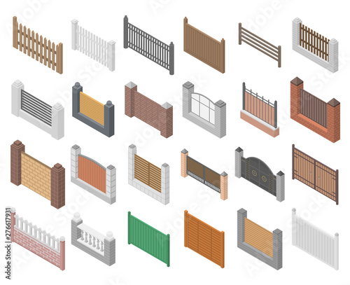 Fence icons set. Isometric set of fence vector icons for web design isolated on white background
