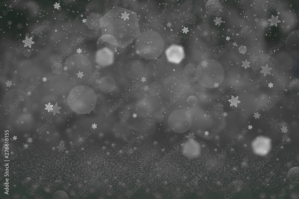 wonderful glossy glitter lights defocused bokeh abstract background and falling snow flakes fly, festival mockup texture with blank space for your content