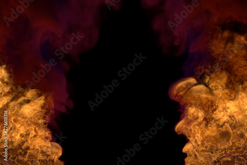 visionary glowing hell on black, frame with dark smoke - fire from picture left and right corners - fire 3D illustration