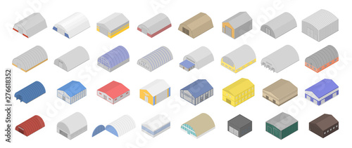 Hangar icons set. Isometric set of hangar vector icons for web design isolated on white background