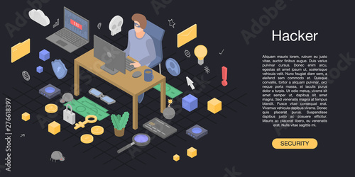 Hacker man concept background. Isometric illustration of hacker man vector concept background for web design