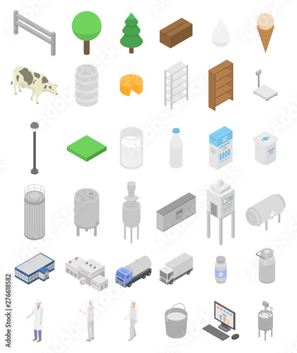 Milk factory icons set. Isometric set of milk factory vector icons for web design isolated on white background