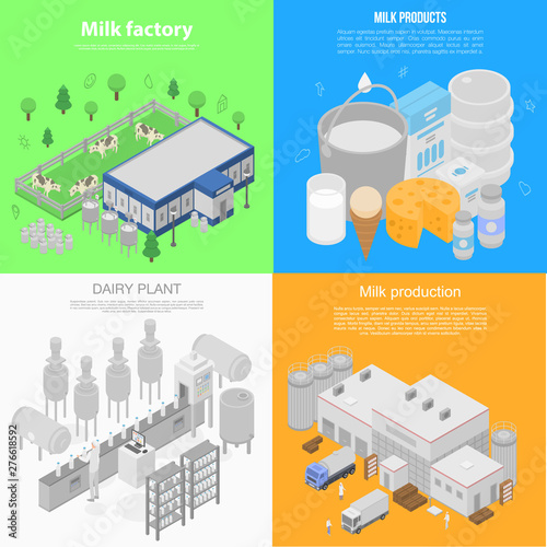 Modern milk factory banner set. Isometric set of modern milk factory vector banner for web design