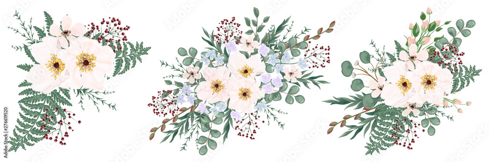 Naklejka premium Set bouquets with leaves and flowers, watercolor, isolated on white. Vector Watercolour