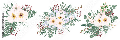 Set bouquets with leaves and flowers, watercolor, isolated on white. Vector Watercolour