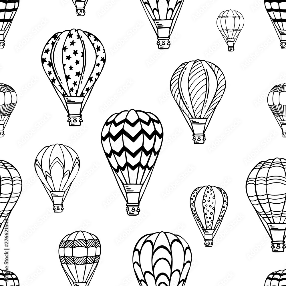 Naklejka premium Pattern with air balloons and clouds. Vector illustration. Isolated on white background. Design for air travel or summer vacation tour, child wallpaper, wrapping paper, scrapbooking.