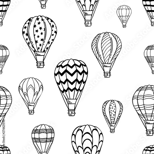 Pattern with air balloons and clouds. Vector illustration. Isolated on white background. Design for air travel or summer vacation tour, child wallpaper, wrapping paper, scrapbooking.
