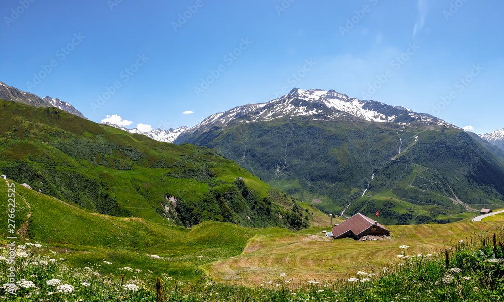 Swiss house in the mountains. lodging alone in a quiet place. Impressive view of alpine.