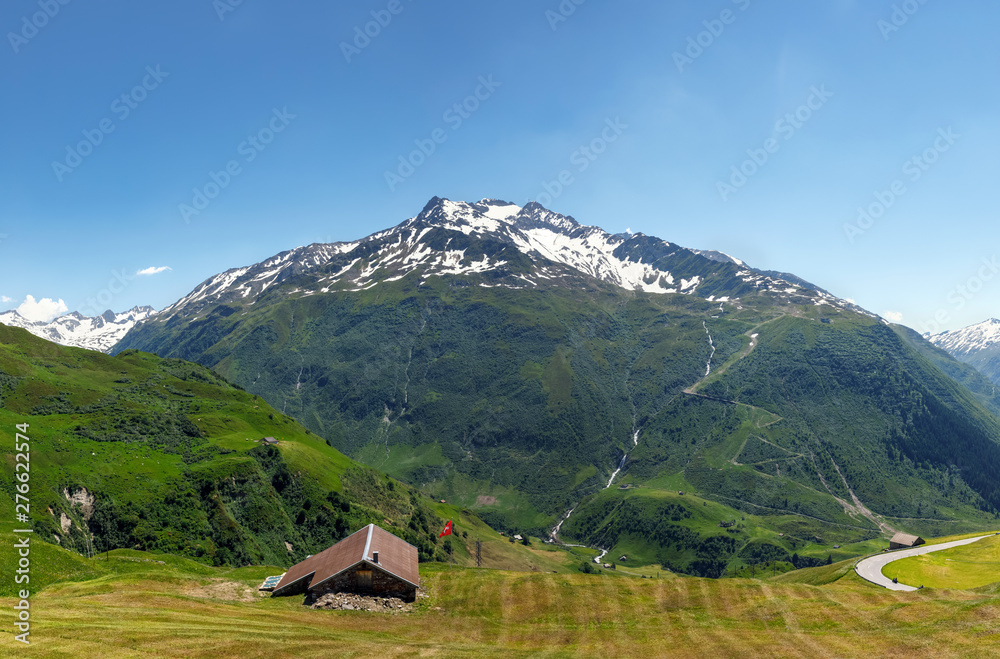 Swiss house in the mountains. lodging alone in a quiet place. Impressive view of alpine.
