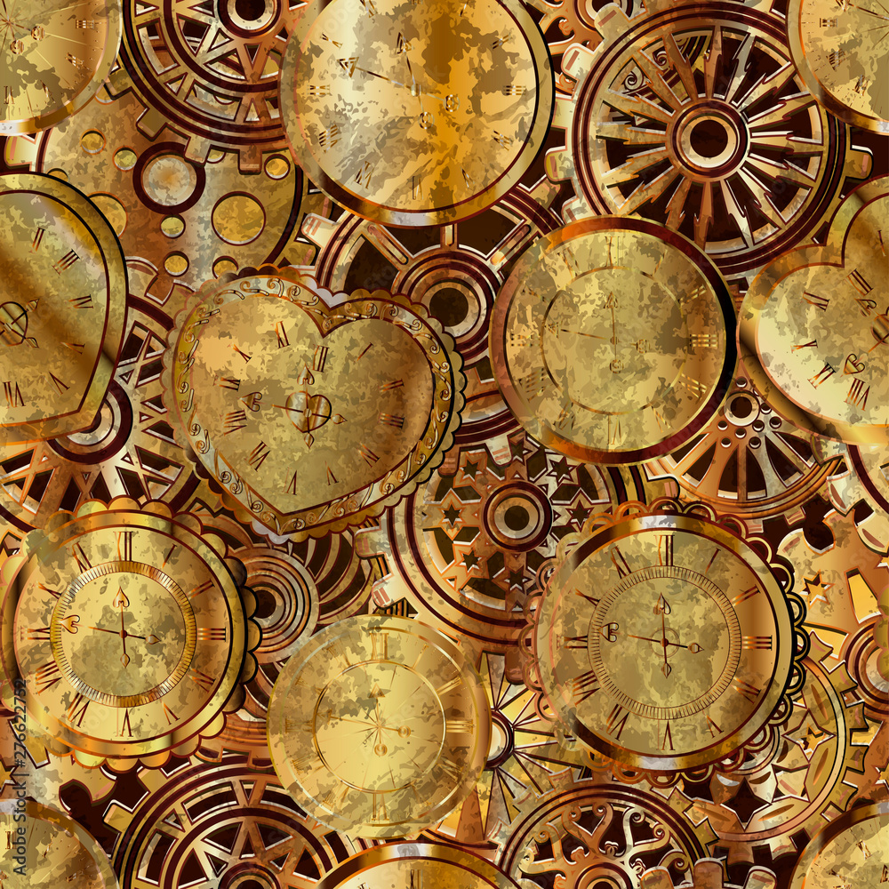 Seamless pattern with gears and watches in the style of steampunk. Vector illustration.