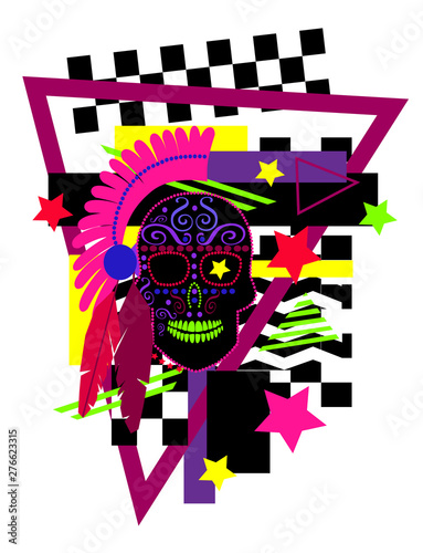 Indian skull icon vivid colors with feathers, geometric elements background