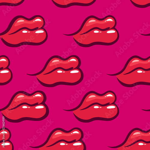 Red lips on pink background - Vector Seamless Pattern. Illustration for Web Design, Banners and Textile.