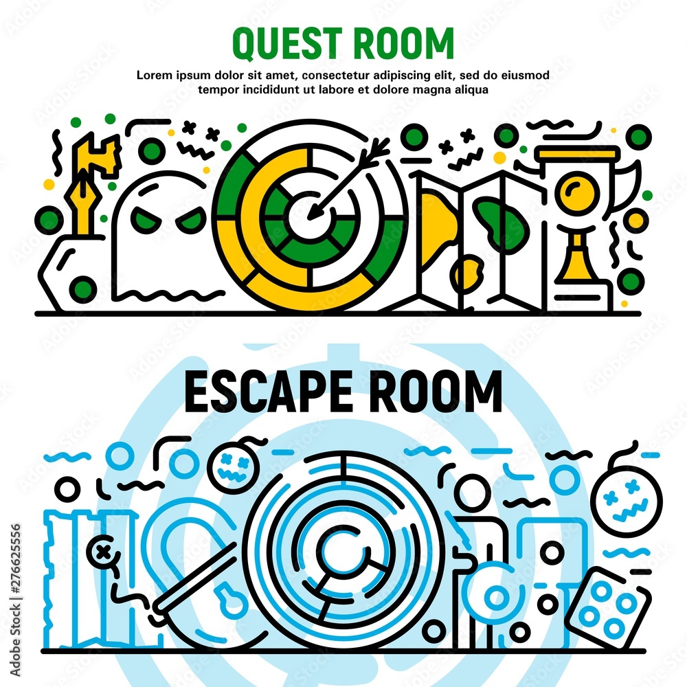 Fototapeta premium Quest room banner set. Outline set of quest room vector banner for web design