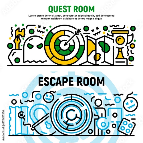 Quest room banner set. Outline set of quest room vector banner for web design