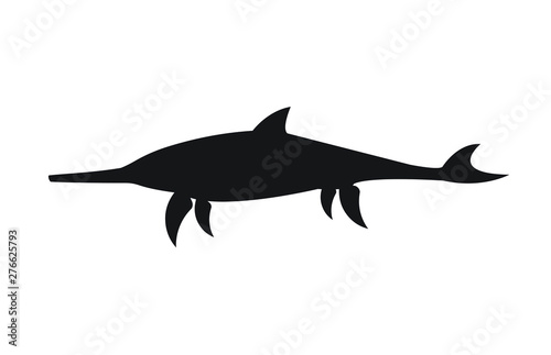 Vector flat black silhouette of swimming ichtyosaur dinosaur isolated on white background