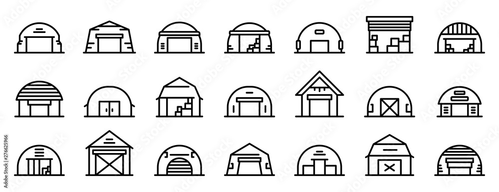 Hangar icons set. Outline set of hangar vector icons for web design isolated on white background