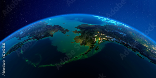 Detailed Earth at night. Chukotka, Alaska and the Bering Strait