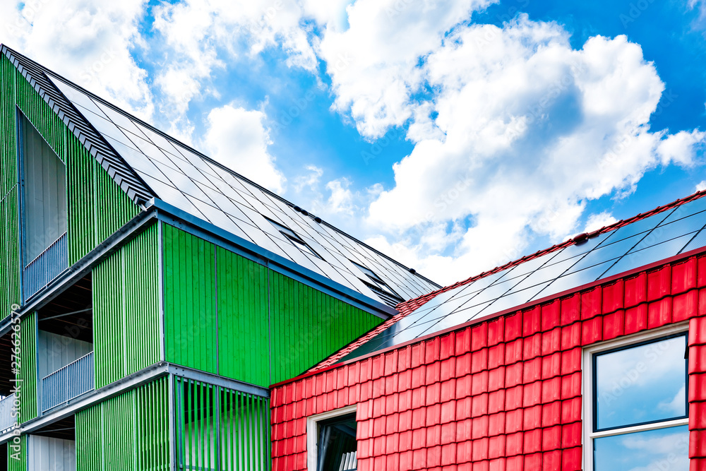 Obraz premium New construction with roof solar panels