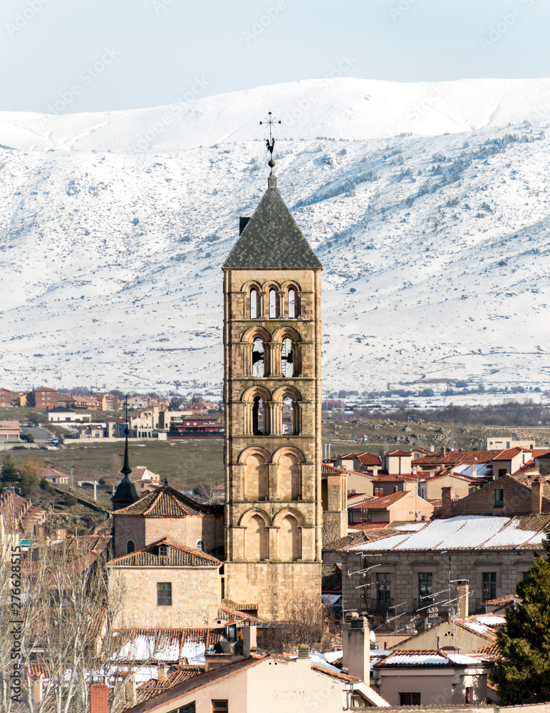 Church of San Esteban and its Romanesque bell tower in Segovia, Spain, a Catholic temple erected in the XII century inside the city walls.