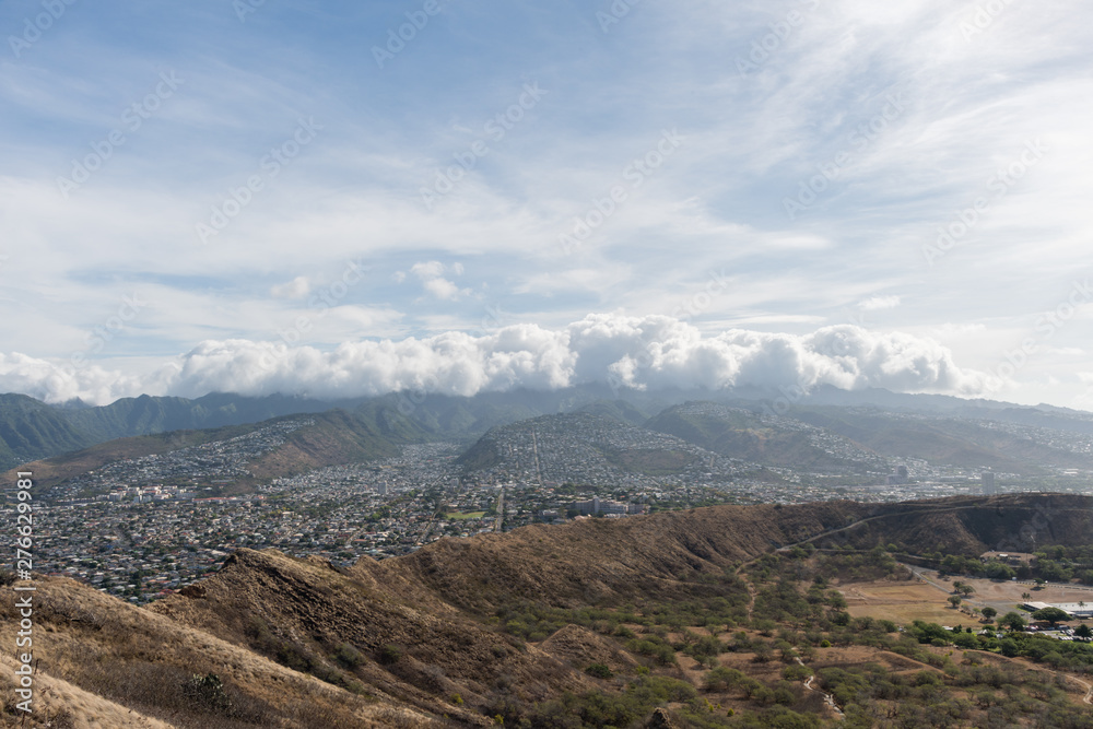 Beautiful aerial panoramic view from the top of the Diamond Head mountain on Oahu, Hawaii
