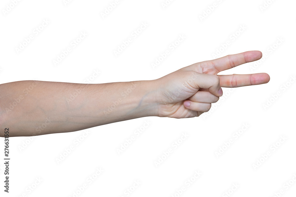 Man hand showing two fingers isolated on white background with clipping path. Man hand showing two fingers isolated on white background with clipping path.