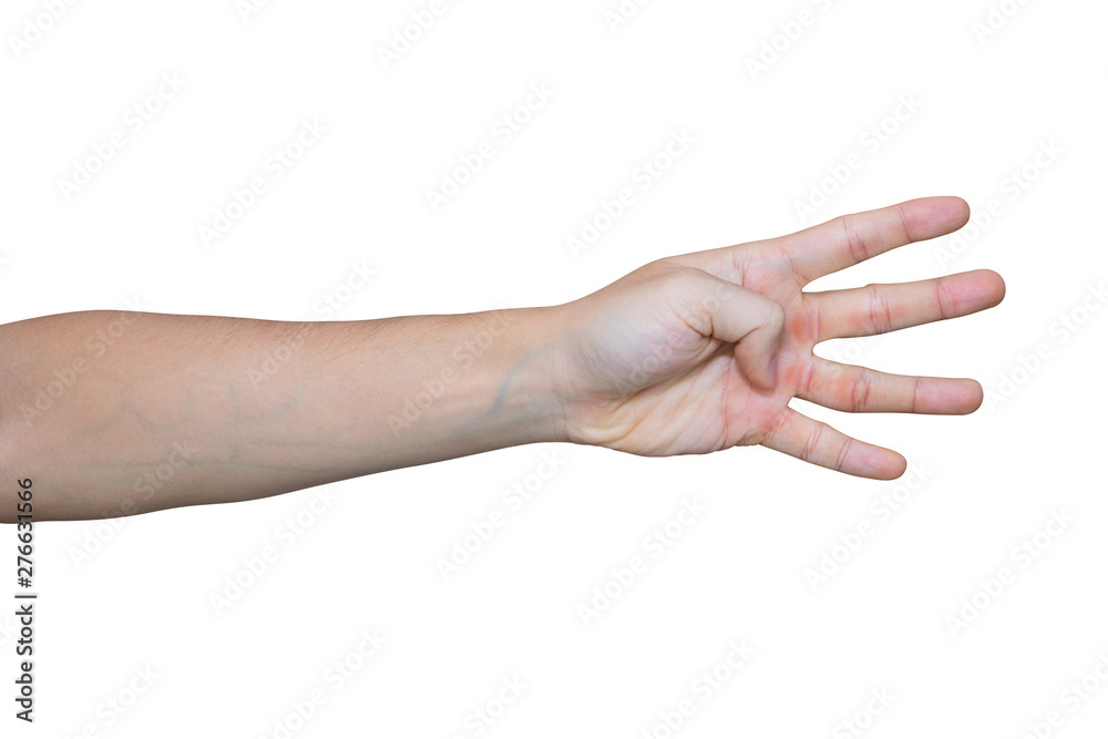 Man hand showing four fingers isolated on white background with clipping path. Man hand showing four fingers isolated on white background with clipping path.