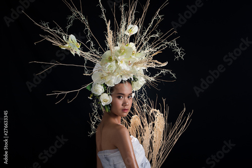 Wreath of flowers background in Cream vanilla orchid fresh smell good Spring Summer for Beautiful Asian Woman portrait, Studio Lighting dark smoke Campaign for Perfume, Cosmetic, Lipstick concept ads