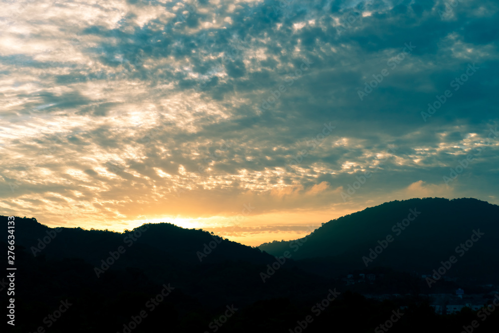Mountain scenery view with twilight sky beautiful magenta color tone theme sunset and sunrise.