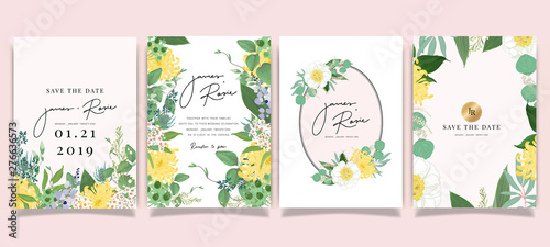 Summer Flower Wedding Invitation set, floral invite thank you, rsvp modern card Design in Pink peony and white  floral with leaf greenery  branches decorative Vector elegant rustic template